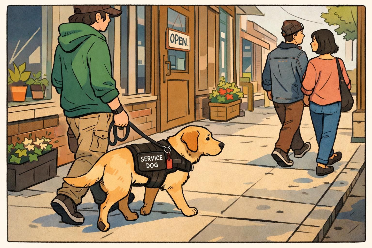 Handler walking a service dog on a loose leash along a sidewalk, the dog focused and close while pedestrians pass calmly.