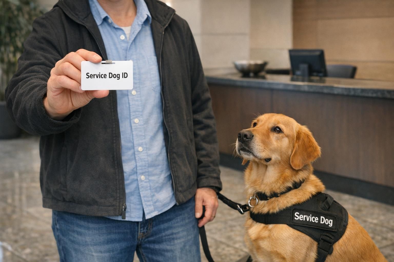 A lobby interaction showing a handler presenting an identification card to security while a service dog sits attentively at heel.