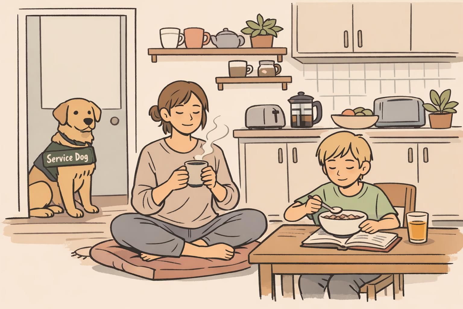 A parent and child practice a calm morning routine in a bright kitchen while a service dog sits politely by the doorway, helping with predictable transitions.