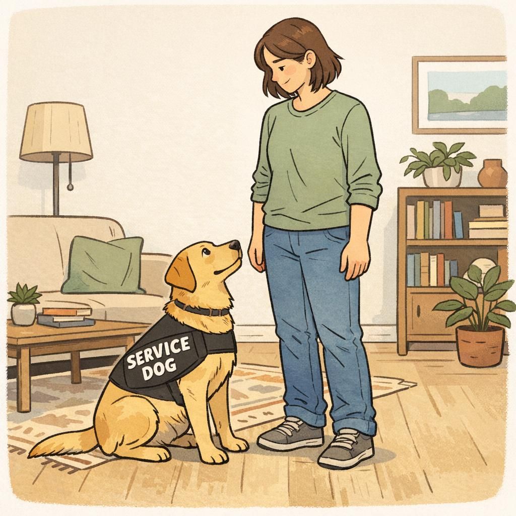 An adult handler stands calmly in a tidy living room while a service dog sits at a loose heel wearing a clear Service Dog vest, illustrating focused everyday teamwork.