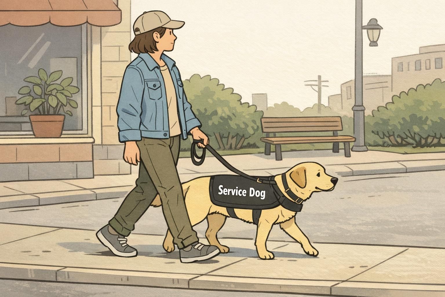 A handler walks a service dog in a loose heel on a sidewalk while practicing leash manners in a low-stress outdoor setting; the dog wears a service vest.