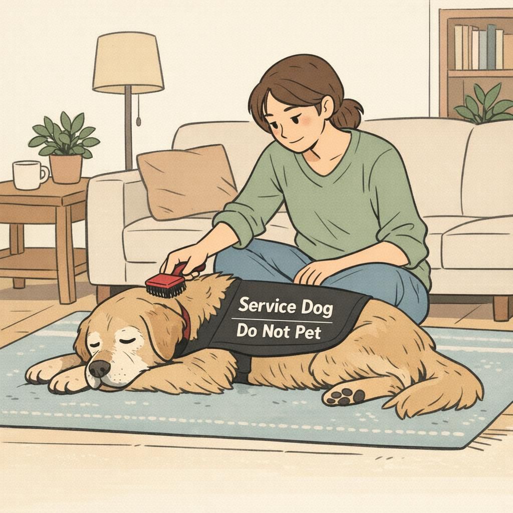 An adult handler gently brushes an older service dog resting on a rug while the dog wears a clear vest, conveying a calm, comfort-first retirement moment.