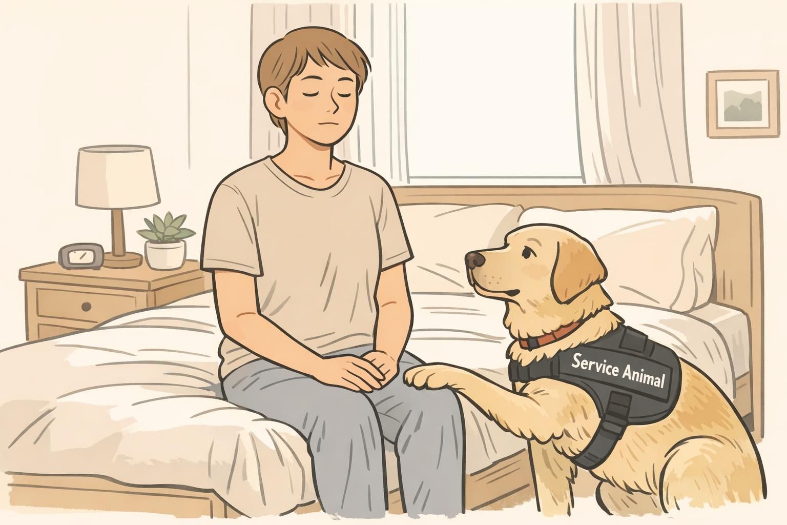 A bedroom scene shows a service dog placing a gentle paw on its handler's knee to provide grounding and interrupt a distressing moment during nighttime routine.