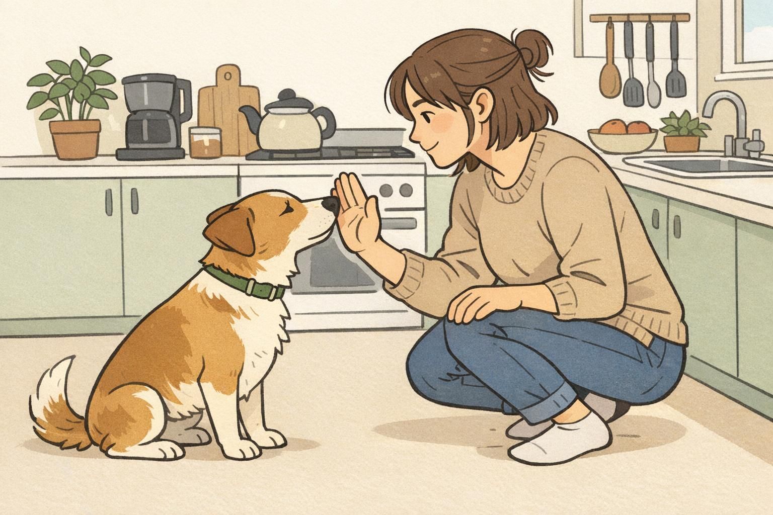 A handler in a quiet kitchen teaching the touch cue, the dog reaching to touch the handler's open hand with its nose for attention and focus.