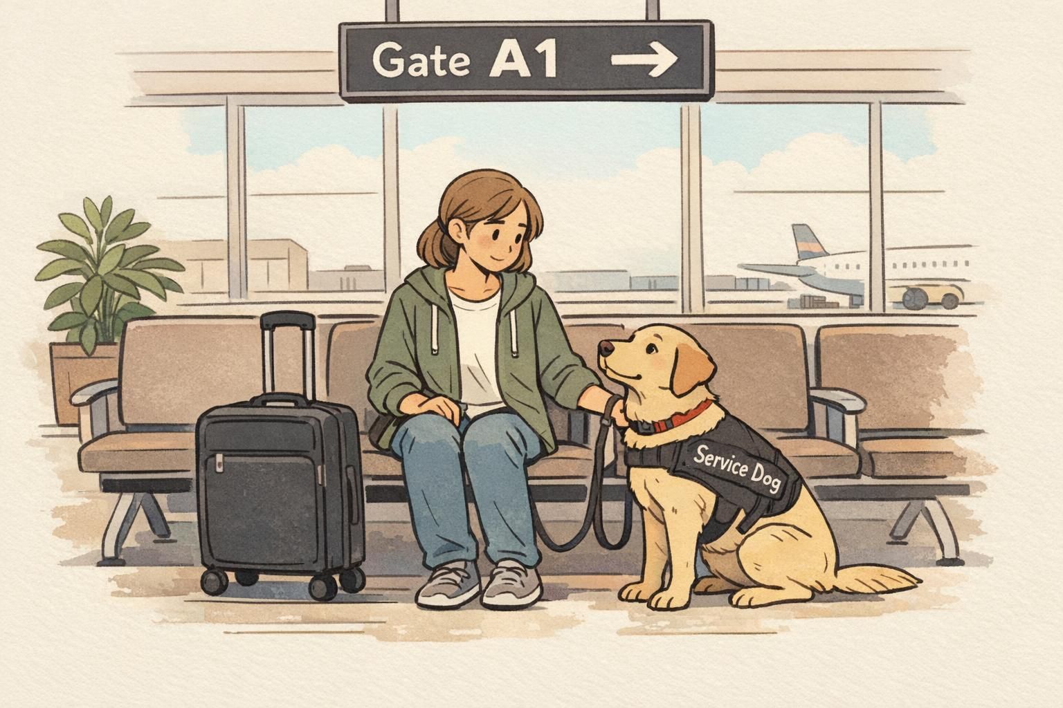 A service dog handler seated in an airport waiting area beside luggage at Gate A1, ready to request supervisor assistance and document travel details.