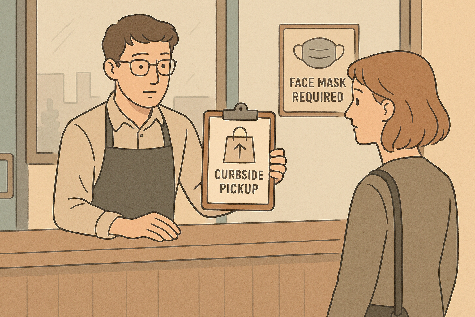 Manager at a counter offering a curbside pickup option on a clipboard with a health-policy notice visible in the background.