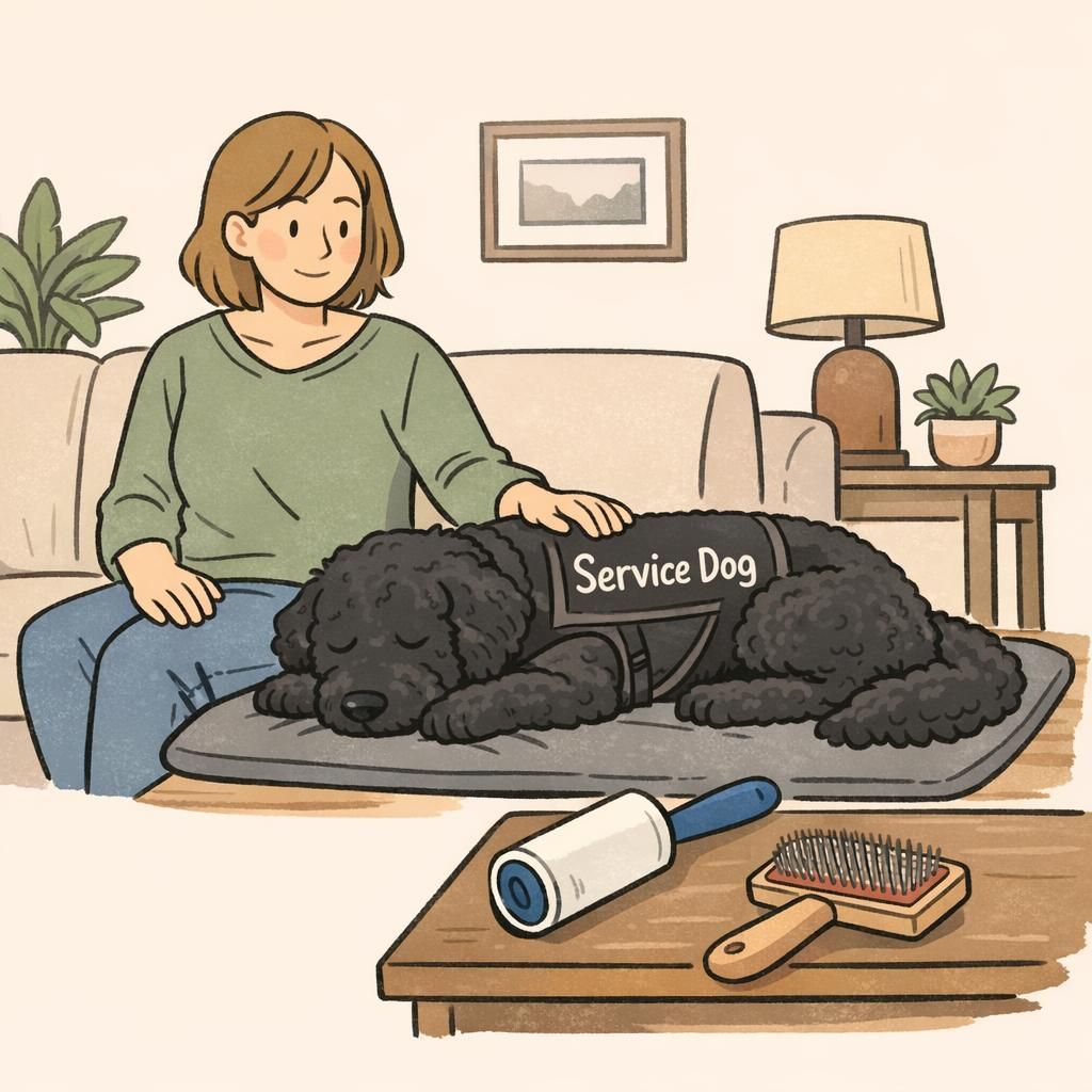 Handler sitting on a sofa with a calm curly-coated service dog wearing a 'Service Dog' vest and grooming tools on a side table in a cozy living room.