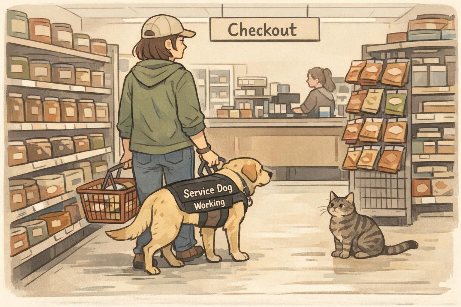 A handler practices calm public access in a small grocery aisle while the service dog heels closely and ignores a nearby distraction, showing dependable behavior.