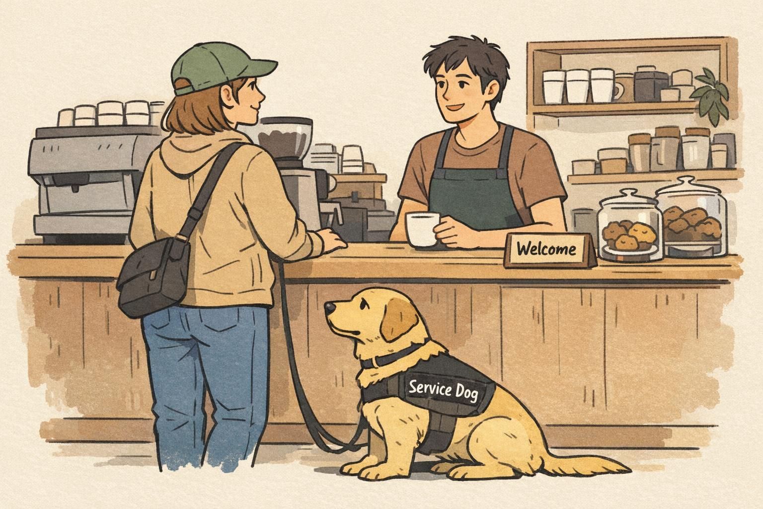 Adult handler calmly speaking with a café barista at the entrance while a well-behaved service dog sits beside them wearing a visible vest.