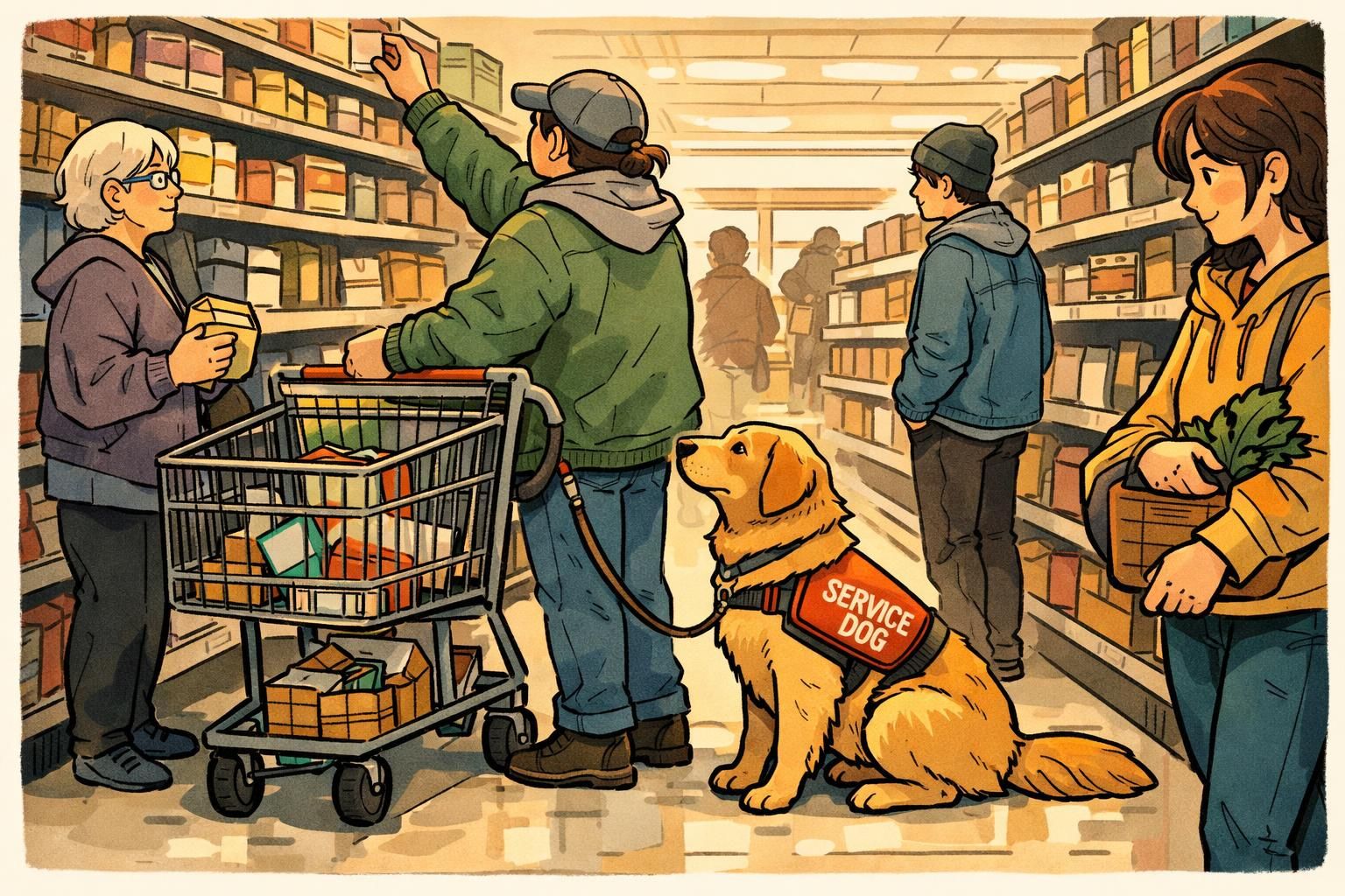 A service dog in a sit-stay beside a shopping cart in a grocery aisle while the handler reaches for an item and other shoppers pass.