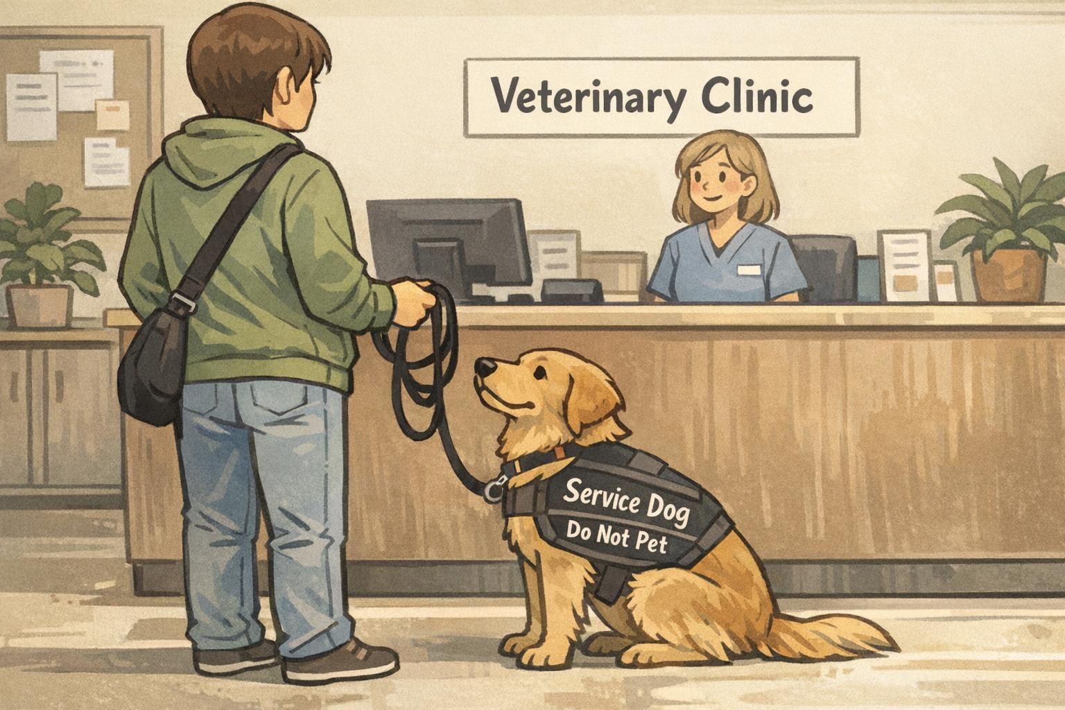 A handler at a veterinary clinic reception desk holds a leash while the service dog sits calmly beside them, illustrating routine health care visits.