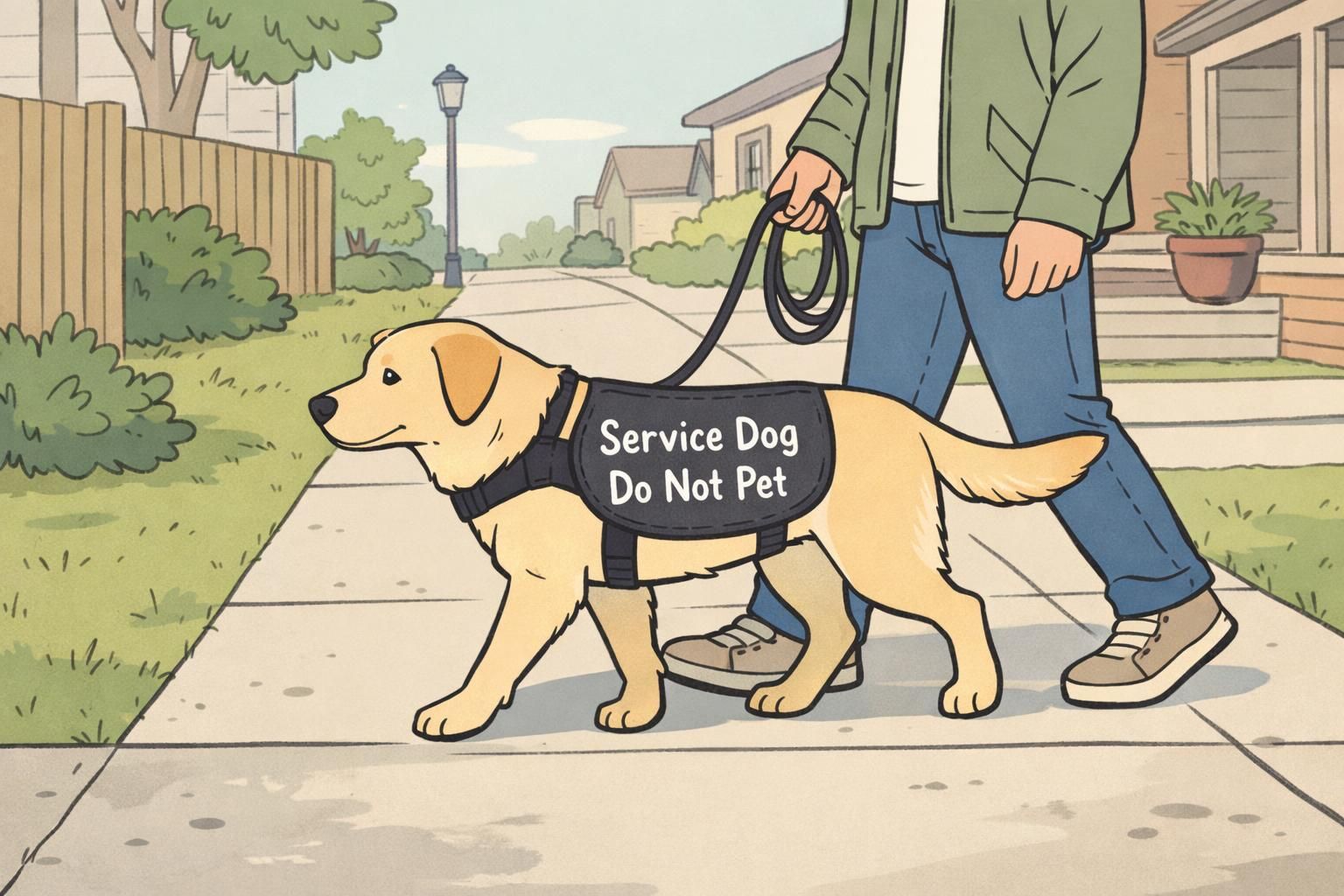 Service dog walking in heel position on a quiet neighborhood sidewalk beside a handler holding a loose leash, wearing a visible working vest to indicate it is on duty.