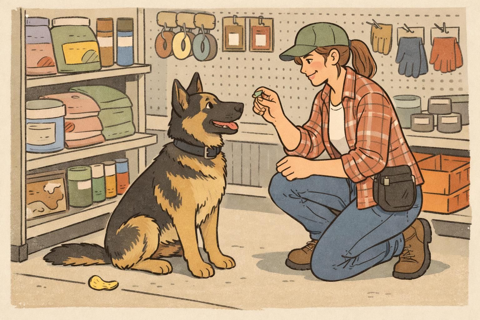 A service dog receiving a treat reward in a hardware store while ignoring a dropped snack near shelving and maintaining focus on the handler.