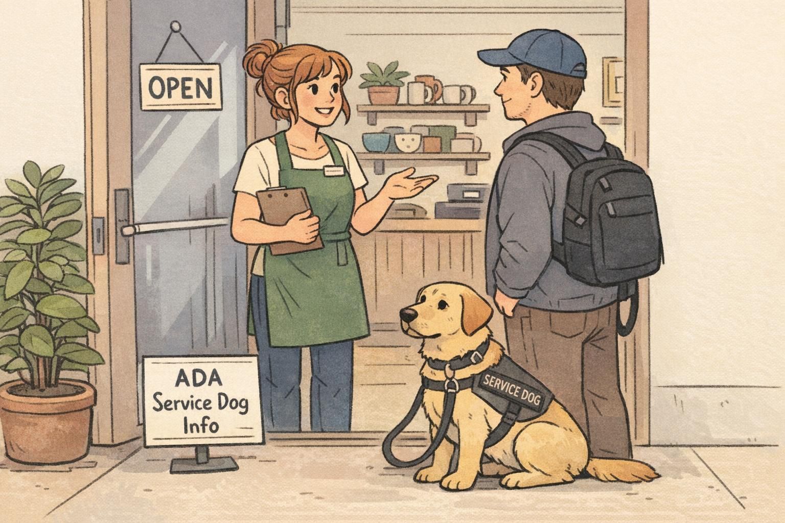 A retail employee speaks politely to a handler at a store doorway while the service dog sits calmly and a small ADA info card is offered for clarity.