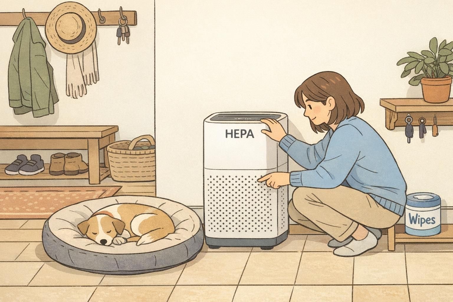 A sunny entryway with a HEPA air purifier next to a dog bed and labeled wipes, illustrating home allergen-reduction for service dog teams.