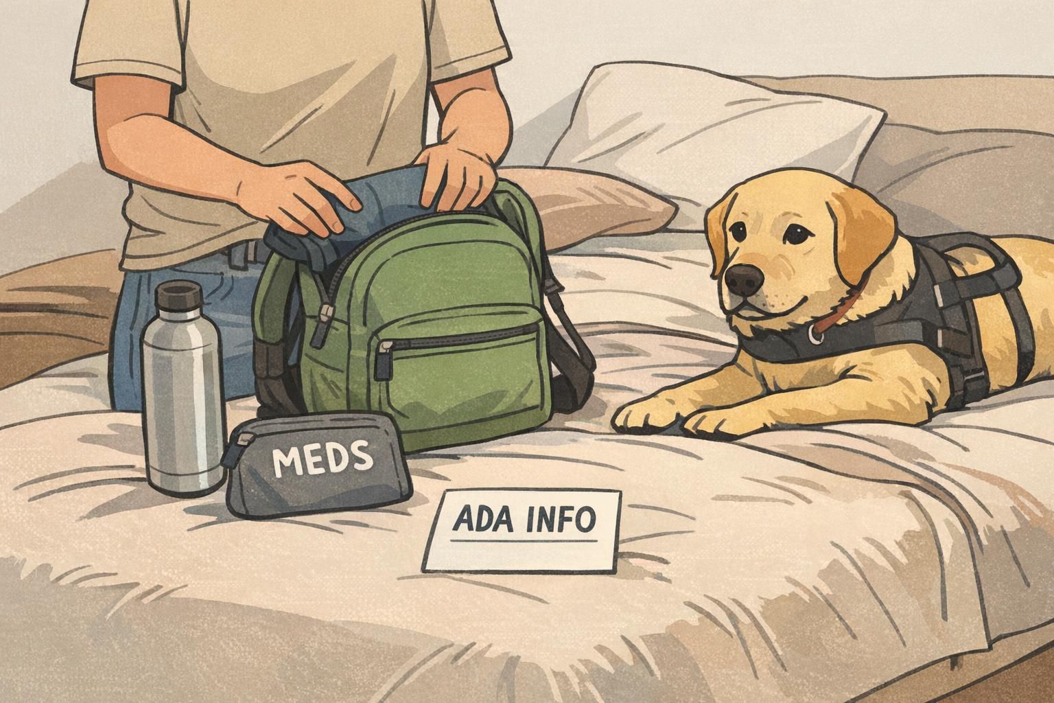 A person packs a small backpack with a water bottle, meds pouch, and ADA ID card while their service dog waits nearby, showing travel preparation.