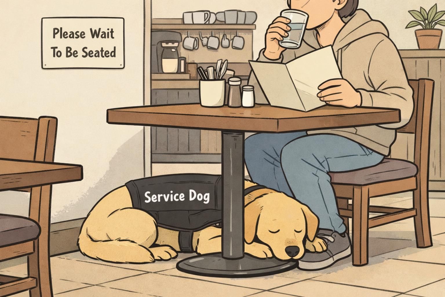 Service dog tucked under a café table at the handler’s feet while the handler reads, illustrating calm indoor public manners and the dog settling in busy spaces.