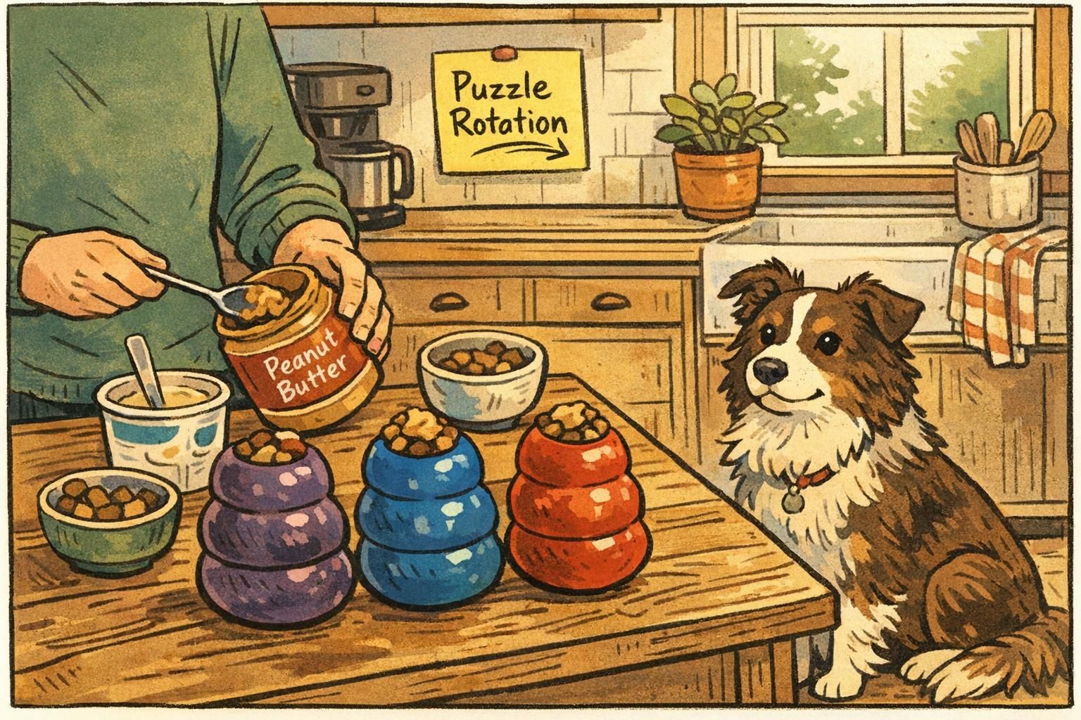 Kitchen scene where a handler prepares three puzzle toys for training and enrichment while the diabetic alert dog waits patiently.