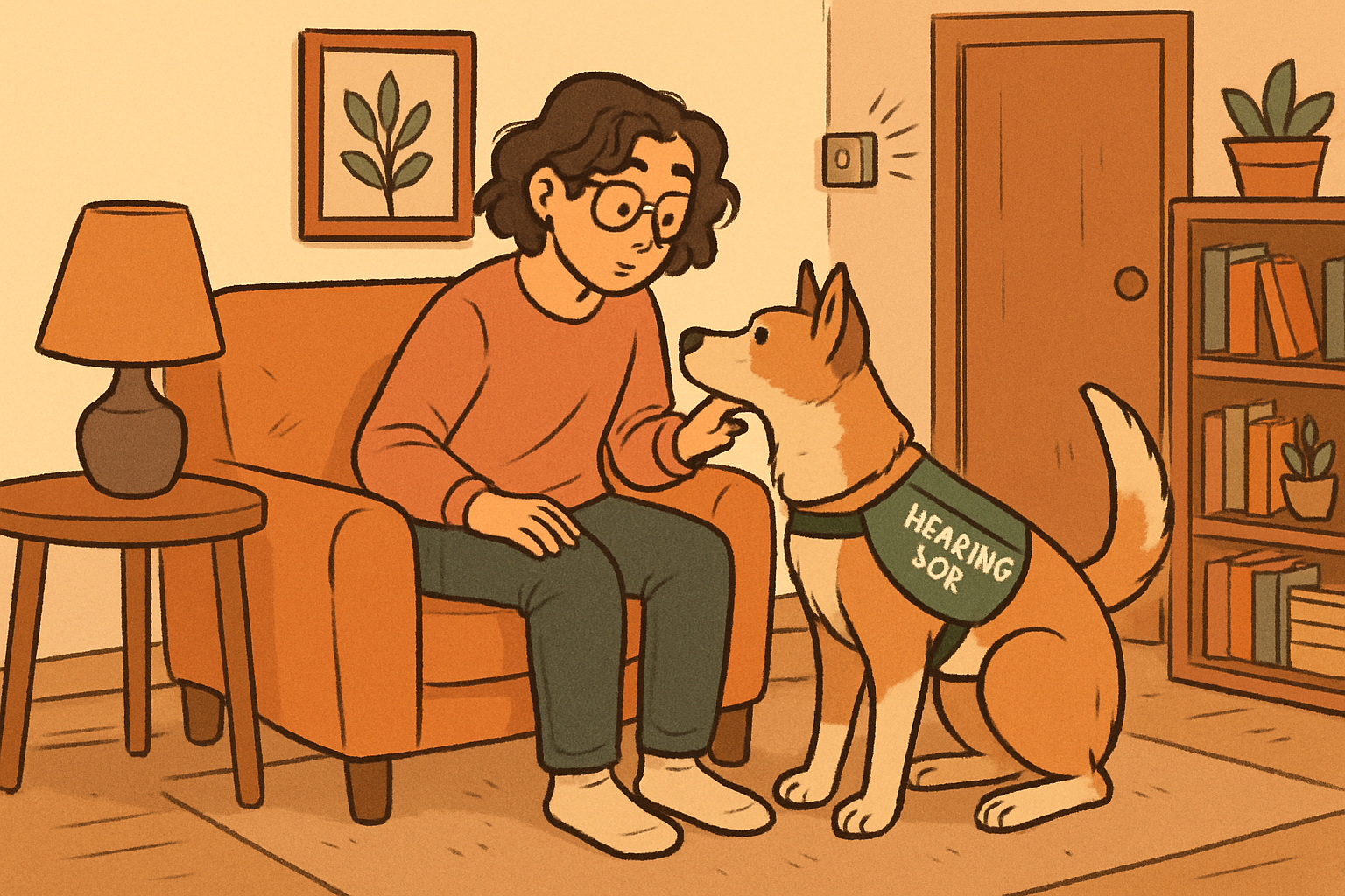Hearing service dog alerts a deaf or hard-of-hearing person to a doorbell in a living room by offering gentle attention and directing toward the sound.