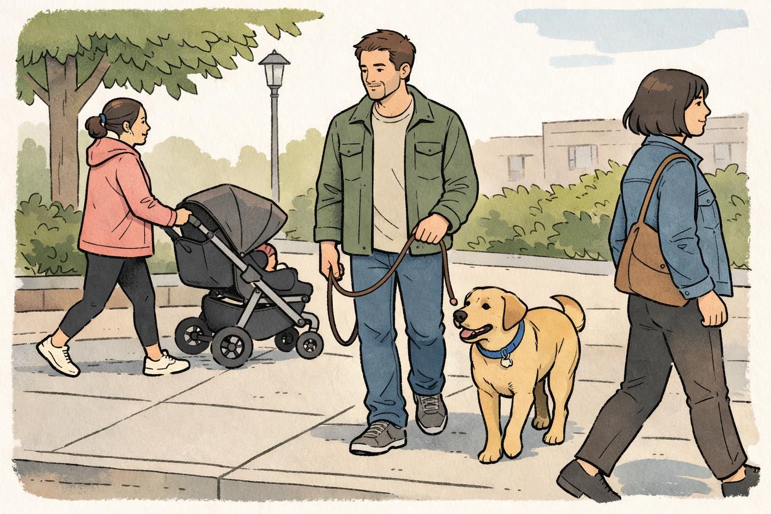A service-dog team walking on a public sidewalk with the dog on a loose leash, focused on the handler while strollers and pedestrians pass, showing good public manners.