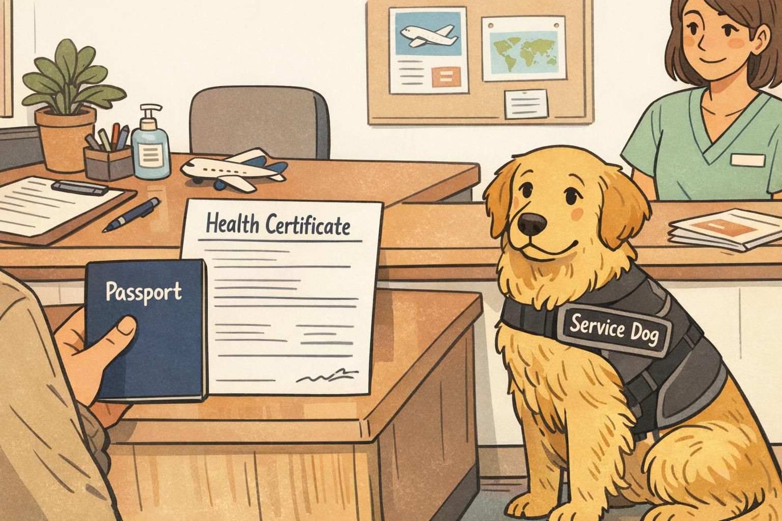 A veterinary clinic reception scene where a handler holds a health certificate and passport while a service dog sits patiently.