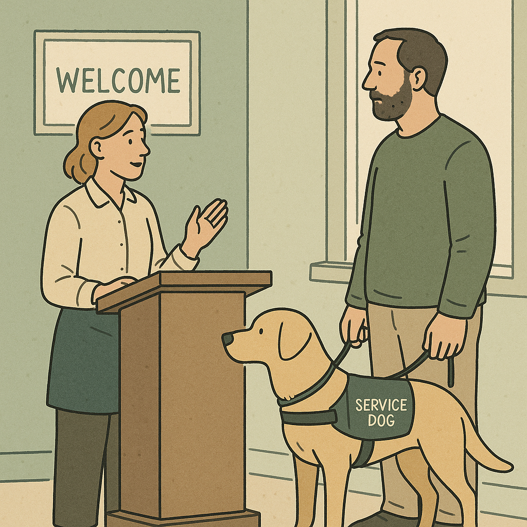 A café host speaks respectfully with a customer standing beside a leashed service dog at a welcome podium, illustrating a calm, accessible business interaction.