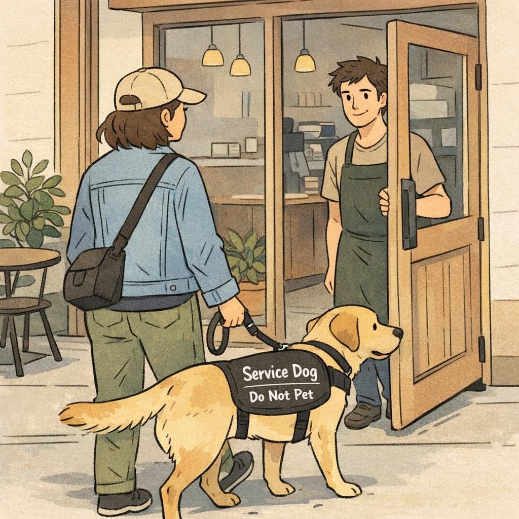 A handler enters a neighborhood coffee shop with a leashed service dog wearing a plain vest that reads Service Dog and Do Not Pet, conveying the dog is working.