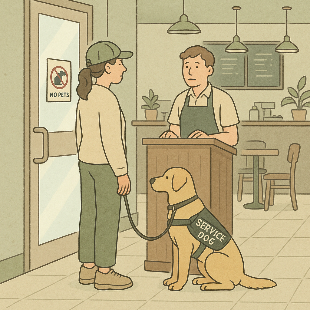 A calm service dog sitting at a handler’s heel as the handler is politely stopped at a café entrance while staff speak from behind a host stand and a ‘no pets’ sign is visible.