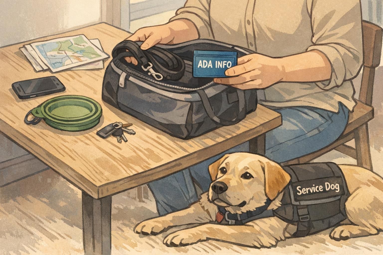 A travel-prep scene where a handler packs a leash, collapsible bowl, and ADA info card at a small table while a service dog lies calmly nearby.