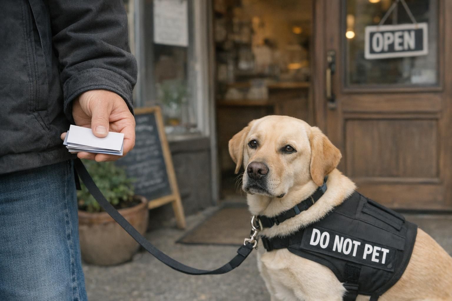 Handler standing at a quiet storefront entrance holding brief informational cards while a service dog wears a clear vest to minimize interactions.
