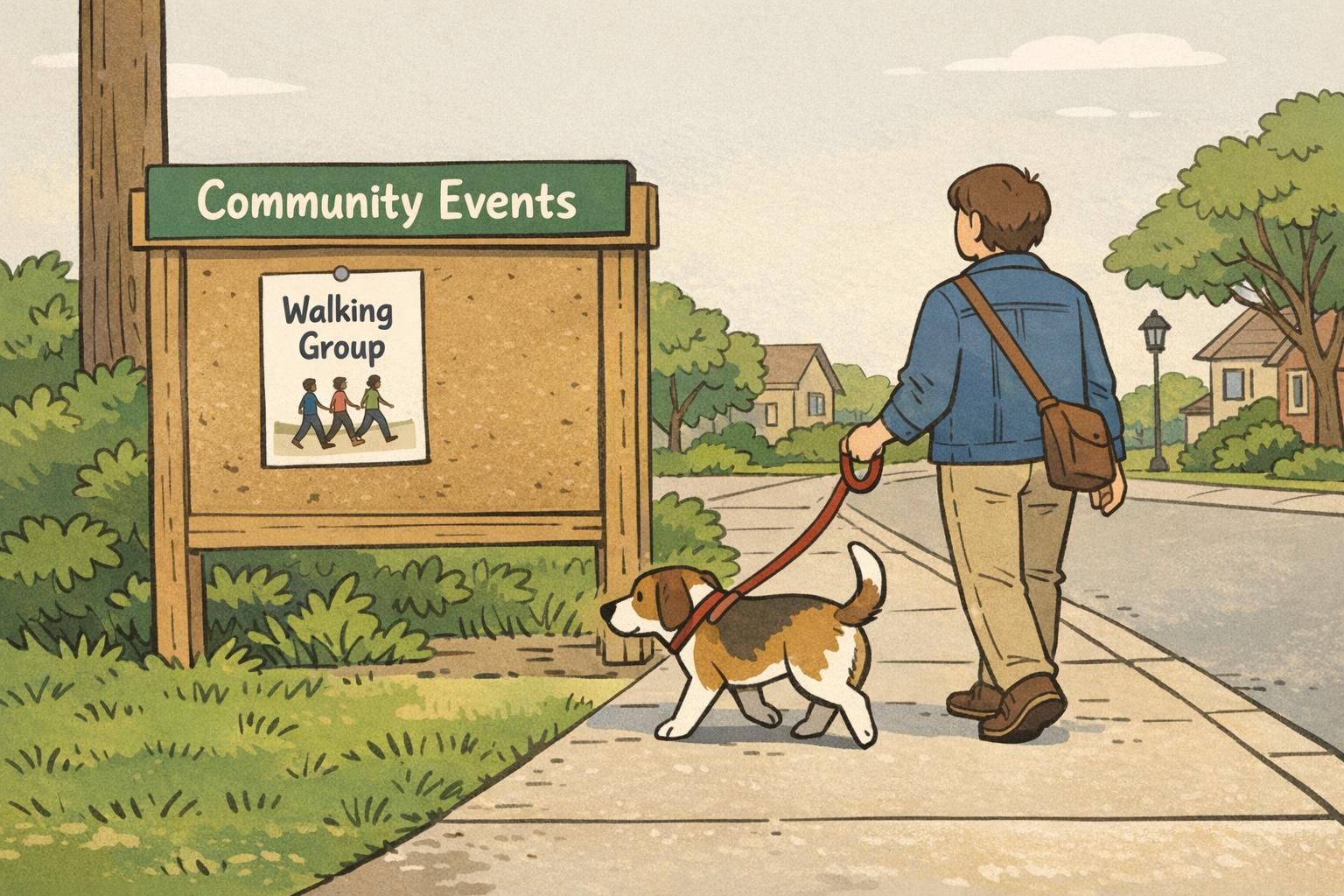An adult walks a dog past a neighborhood community board advertising local events, illustrating social connection, neighborhood engagement, and gentle exposure.