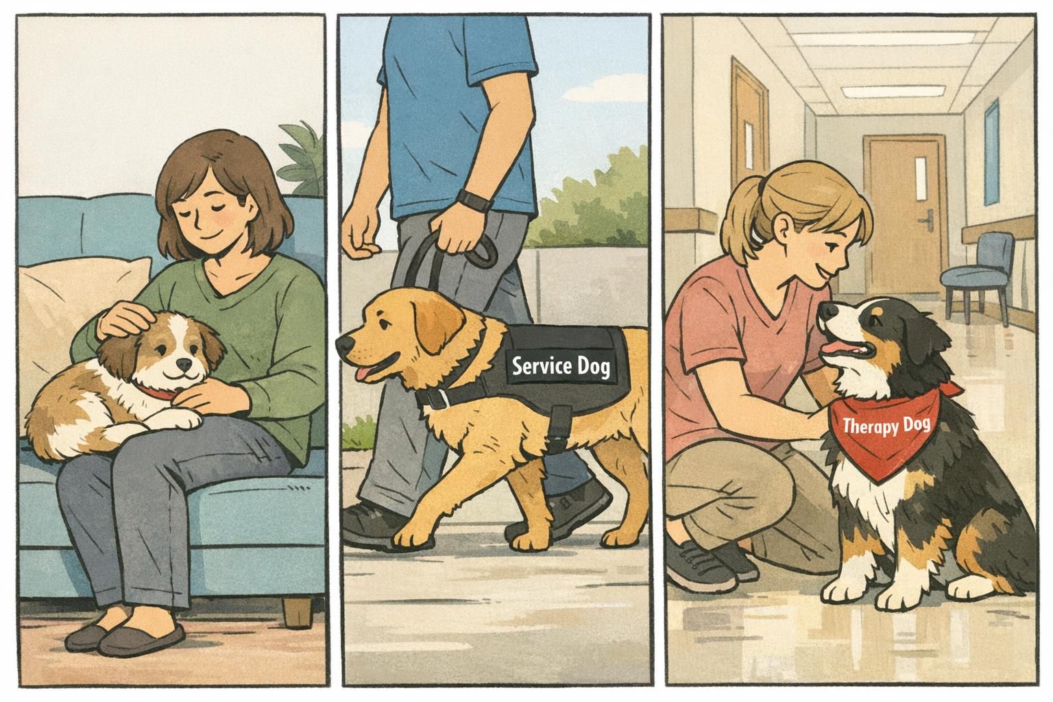 A three-panel comparison showing an ESA relaxing at home, a service dog working beside a handler in a vest, and a therapy dog with a volunteer, highlighting different roles.