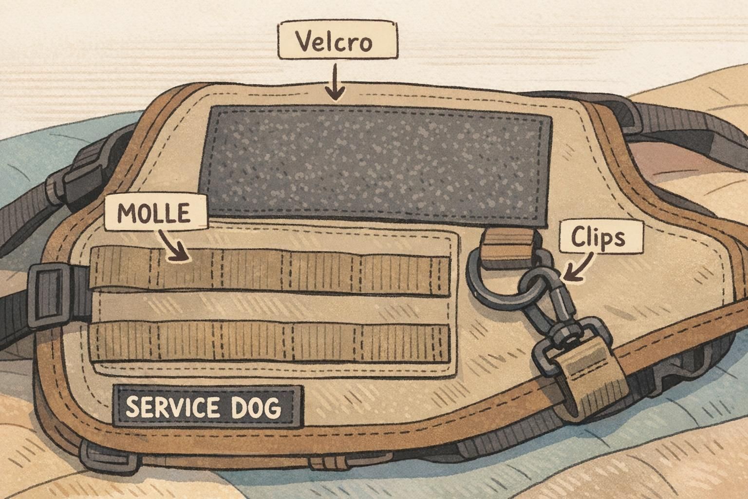 Close-up of a service dog vest laid flat showing a Velcro patch panel, MOLLE webbing rows, and a reinforced clip point for attaching accessories.