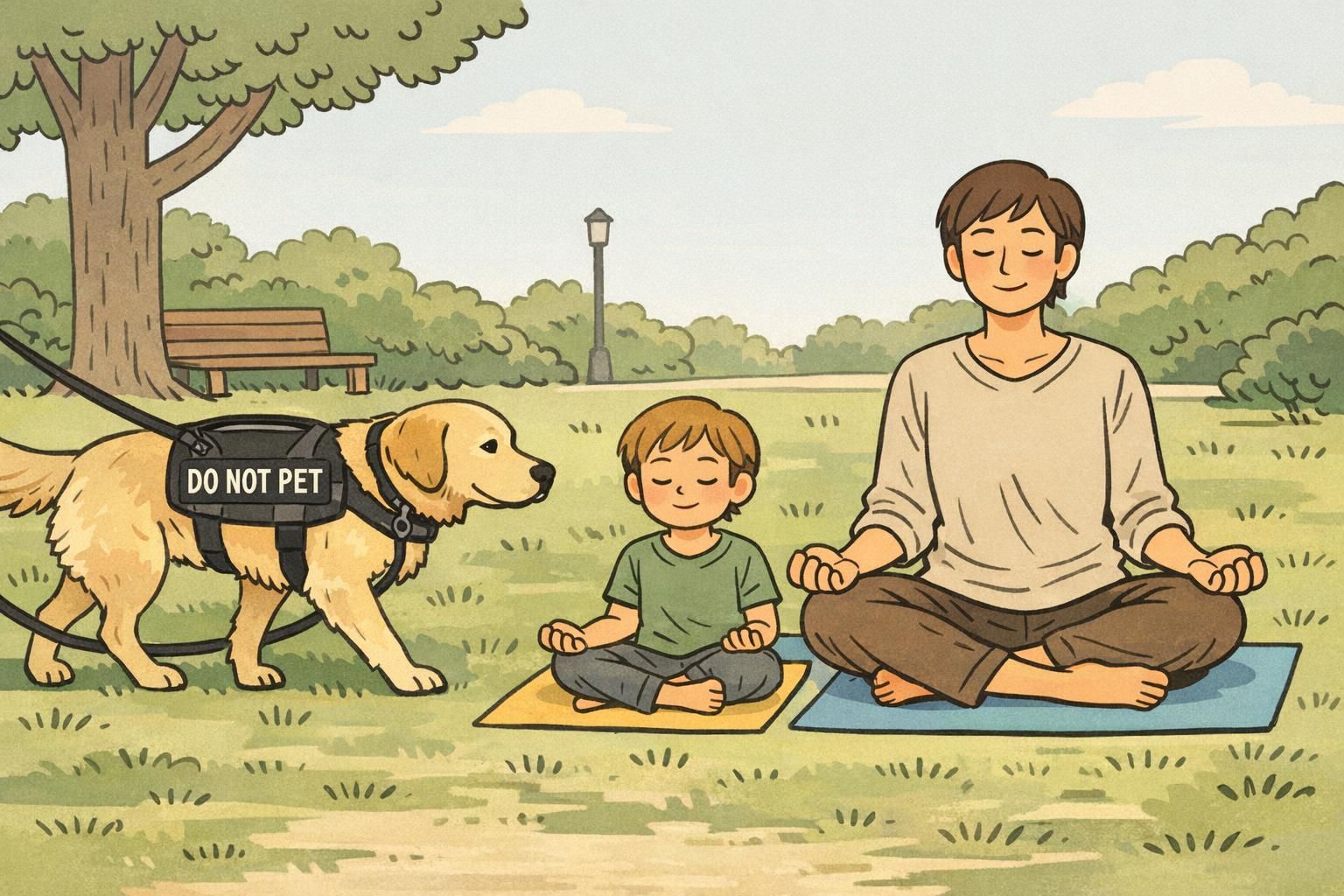 A parent and child practice a calm walking routine in a park while the dog walks in a steady heel, wearing a labeled vest that requests not to be distracted.