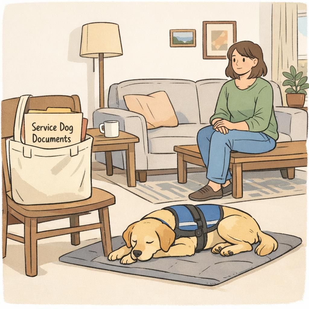 A person sits on a living room sofa while their service dog rests on a mat nearby; a tote with organized paperwork sits on a side chair, suggesting prepared identification and readiness.