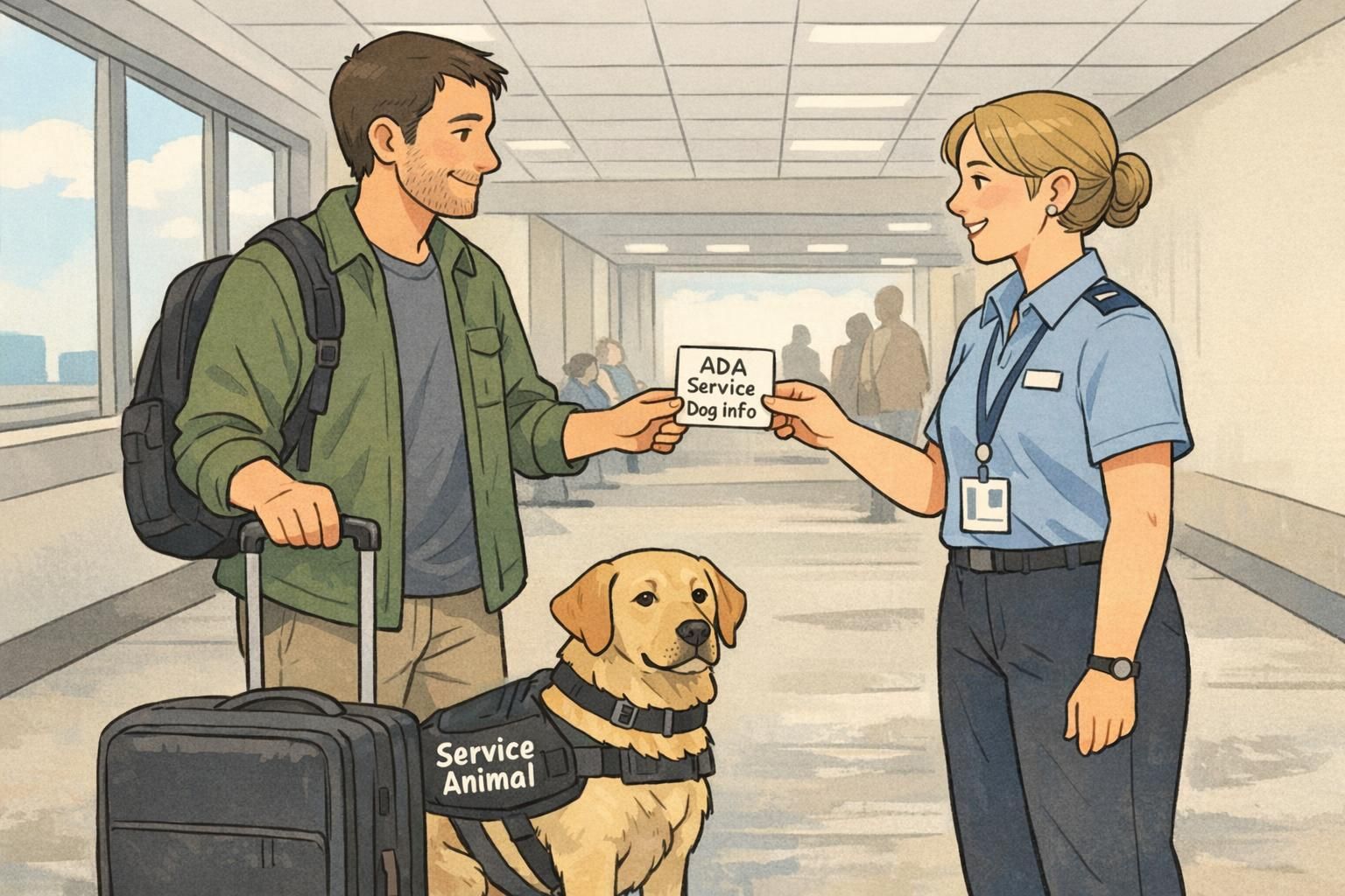 Traveler calmly offering a small ADA information card to an airport staff member while a service dog stands quietly, demonstrating concise, respectful communication.
