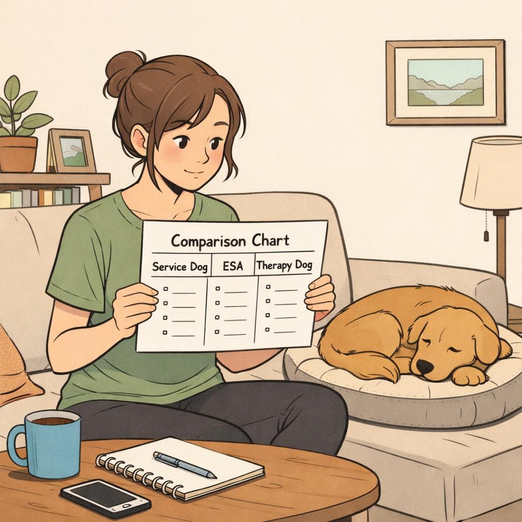 An adult relaxes on a couch with an emotional support animal curled up nearby, illustrating comfort and companionship in a home setting.