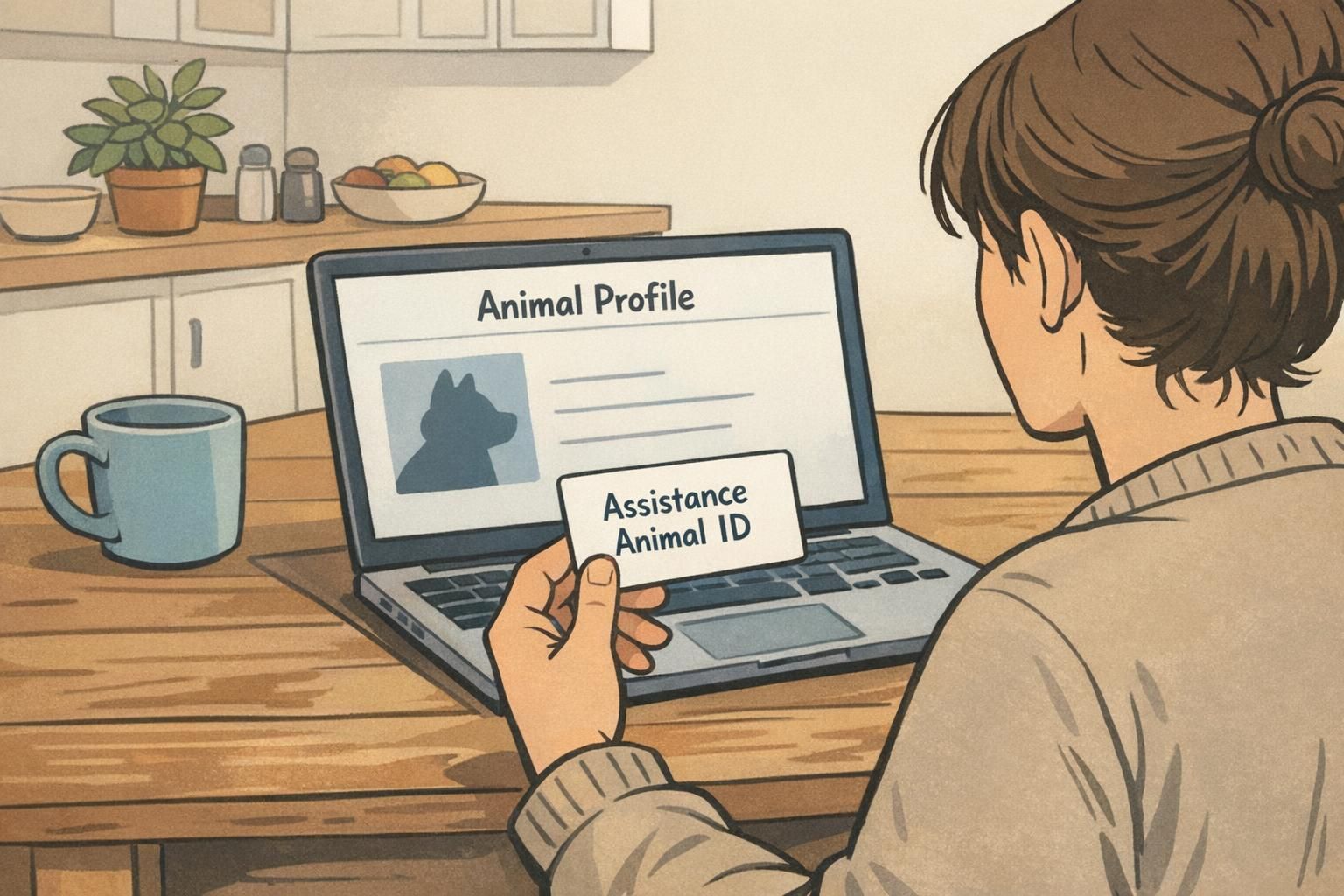 Person at a kitchen table holds a simple assistance-animal ID card while viewing a matching digital animal profile on a laptop.