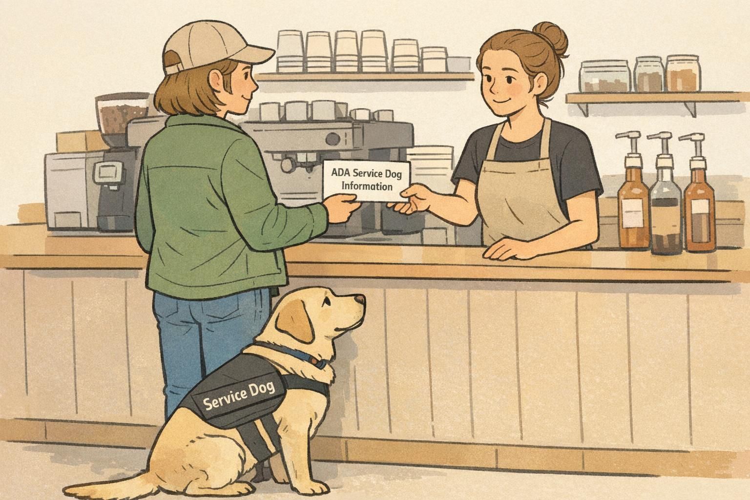 At a coffee shop counter a handler calmly presents an informational card to staff while the service dog sits at heel, modeling clear, respectful public access communication.