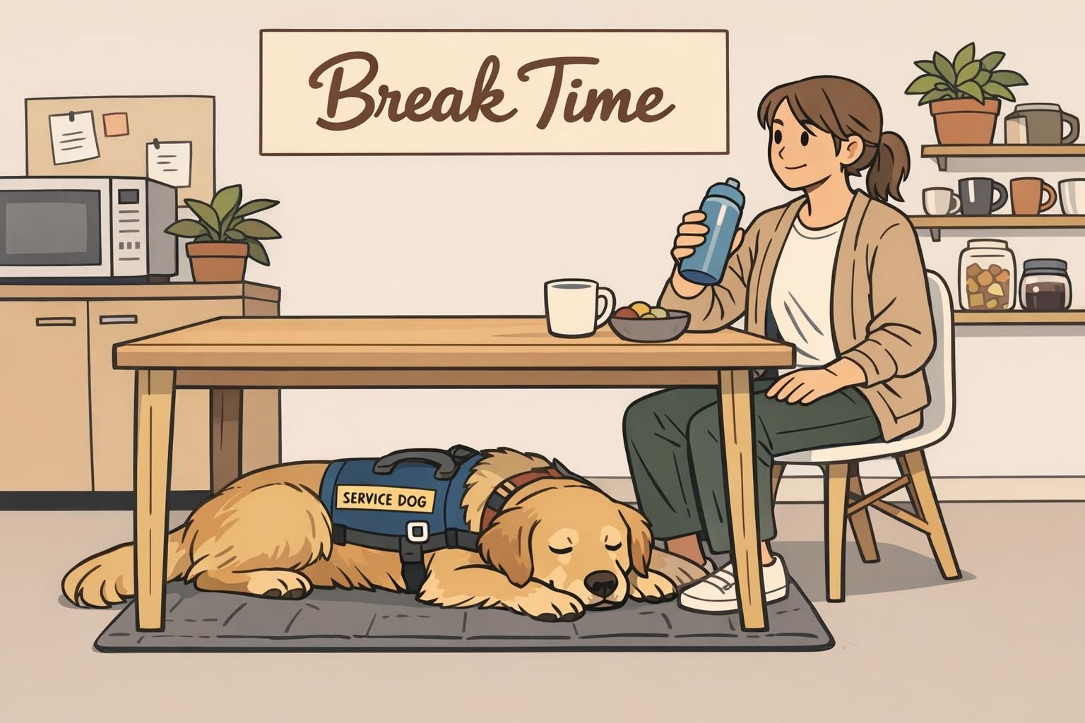 A service dog lies calmly on a mat under a table while the handler takes an office break, showing a short, protected off-duty block during the workday.