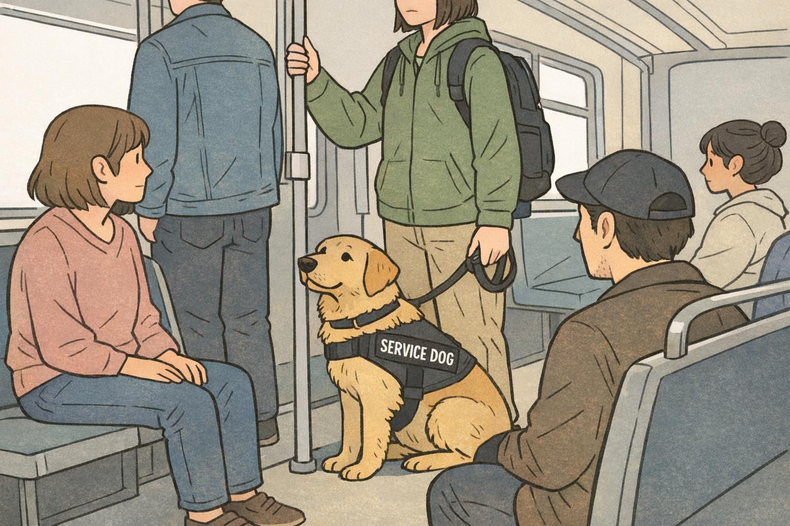 A crowded bus or train interior with a service dog settled close to its handler, the vest patch visible and nearby passengers giving the team extra space.