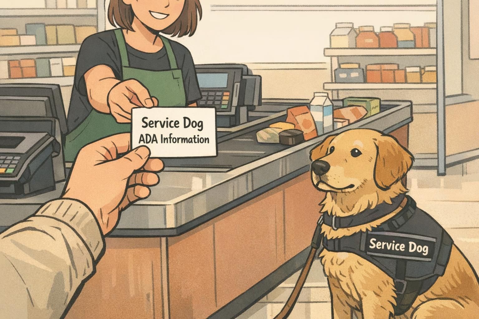 At a grocery checkout, a parent holds a small informational card toward a cashier while the working dog remains seated and attentive at their side.