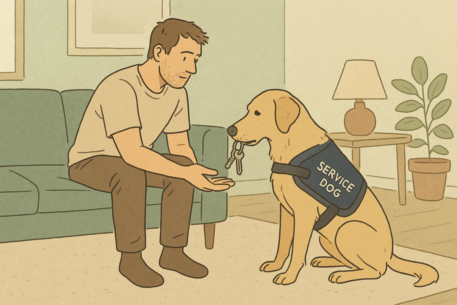 A dog gently returns a dropped set of keys into a person's open hand in a living room, demonstrating a trained retrieval task.