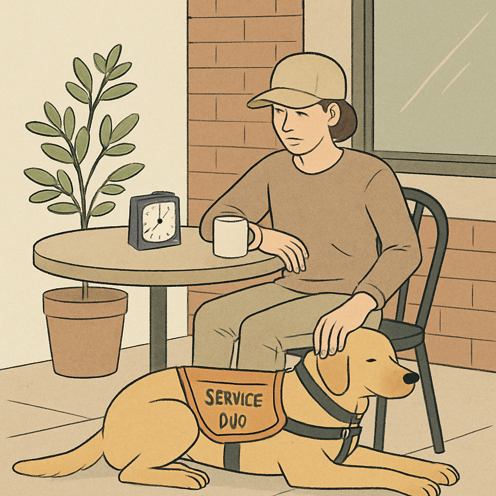 Service dog handler practicing a calm settle at a café patio with a visible timer on the table, illustrating low-pressure maintenance training and relaxed teamwork.