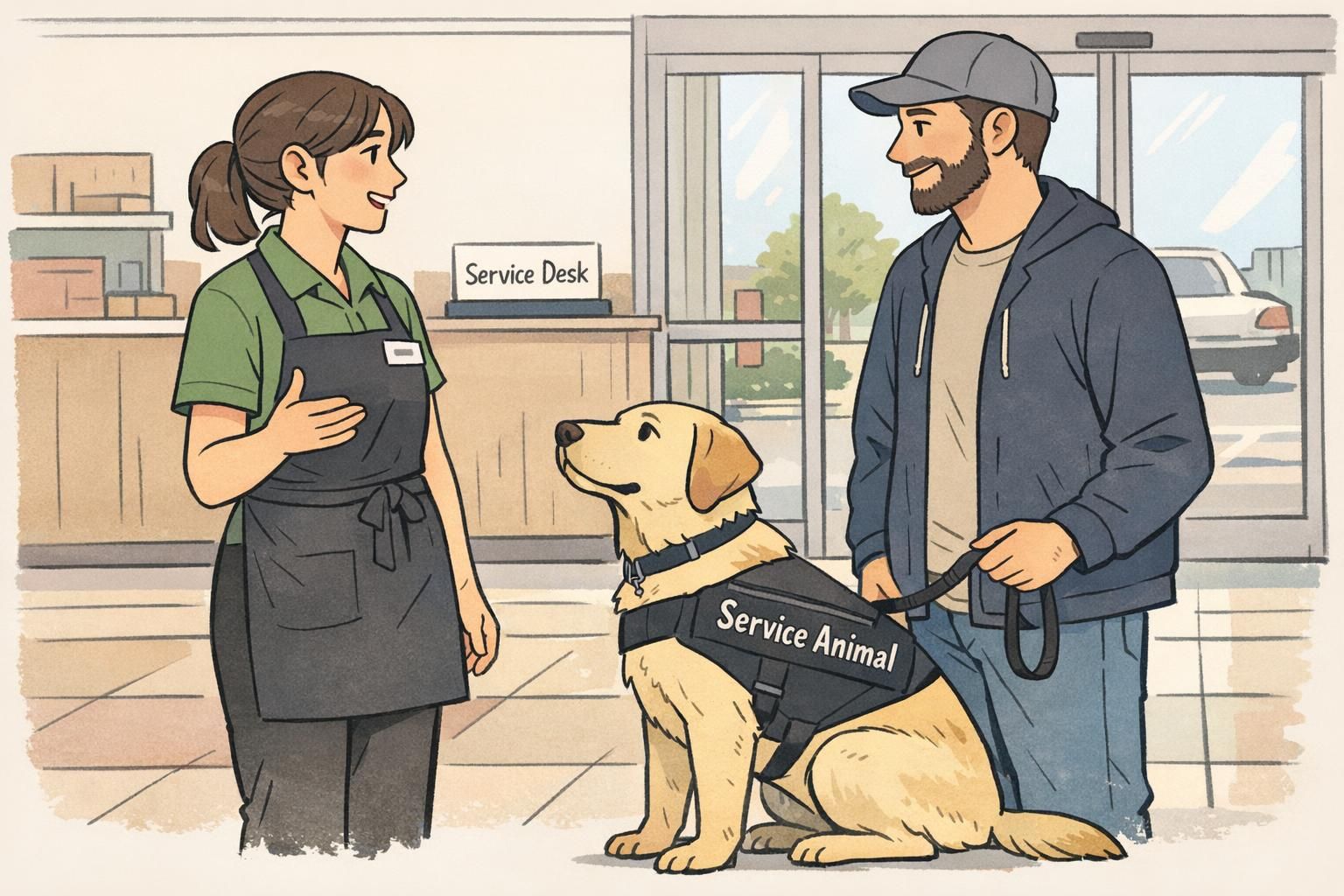 A polite exchange at a store entrance between staff and a handler with a calmly seated working dog, illustrating a respectful access interaction.