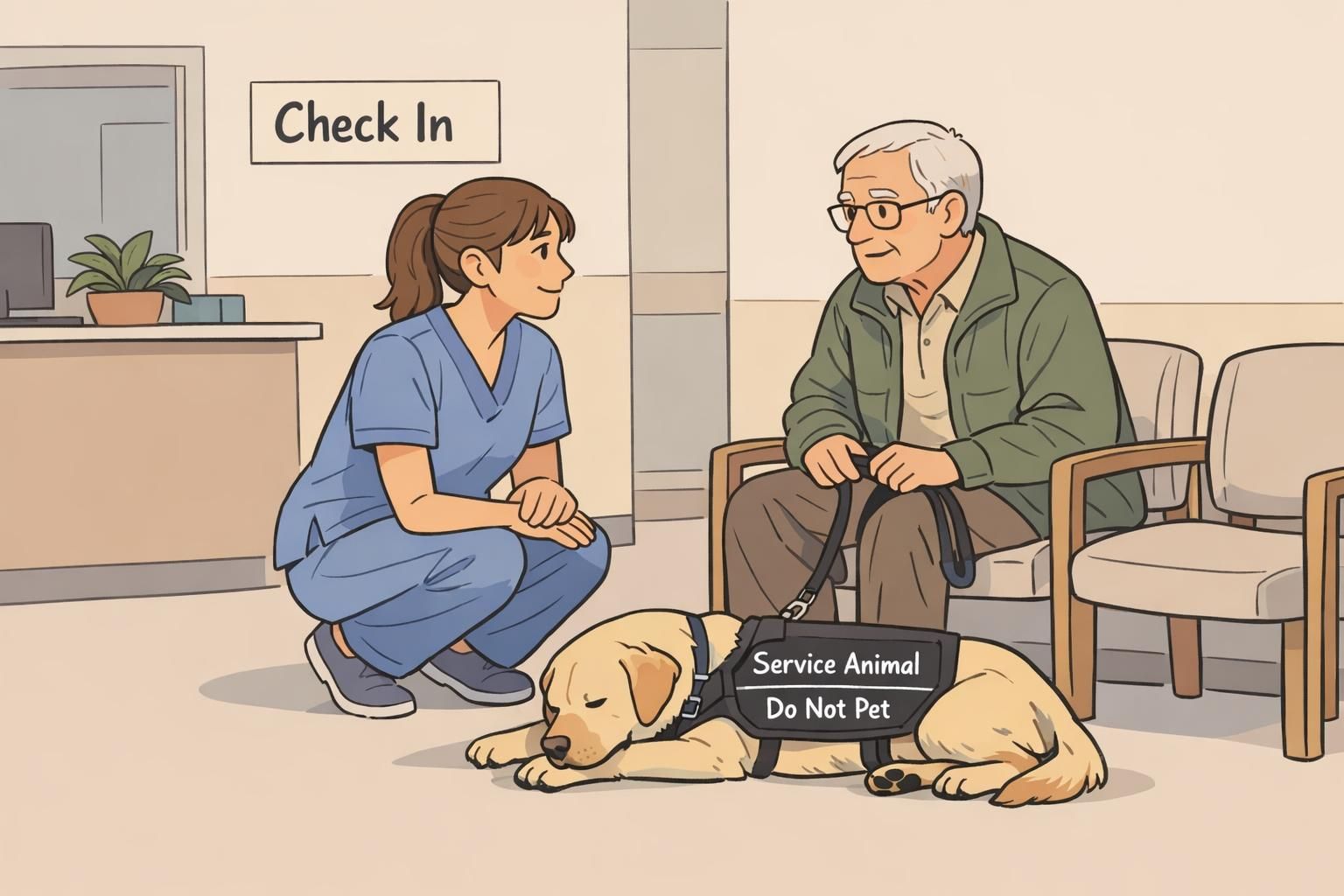 Clinic waiting room illustration showing a nurse speaking calmly with an older adult while a service dog rests quietly at the handler’s feet.