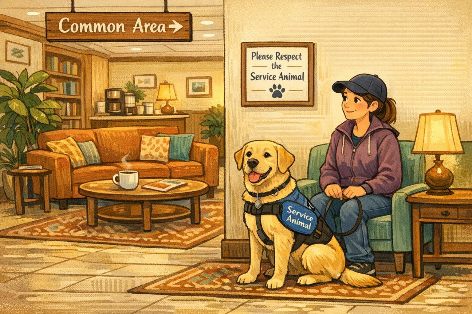 A calm building lobby where a handler and an assistance dog wait near seating, representing use of common areas and individualized behavior assessments.