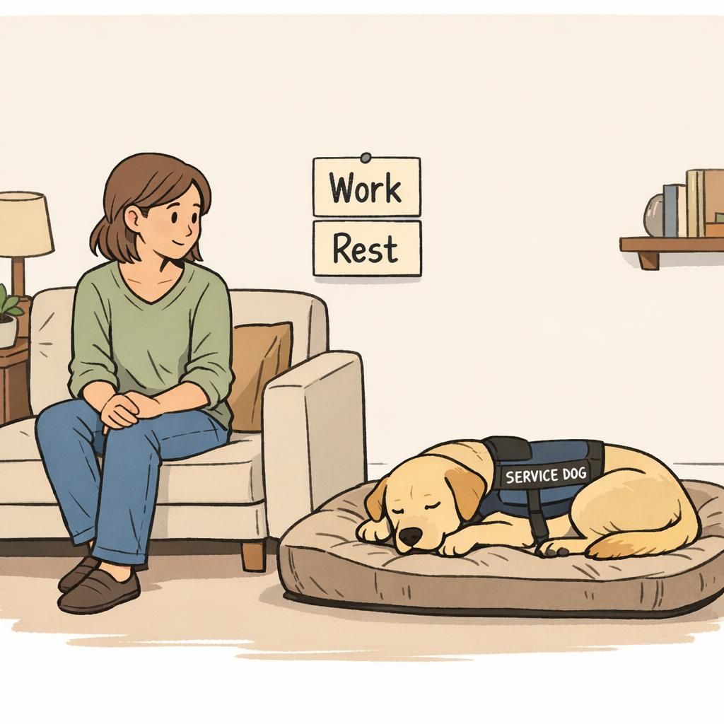 A handler sits on a living room sofa while their service dog rests on a nearby bed beside a simple calendar labeled 'Work' and 'Rest', illustrating on-duty versus off-duty balance at home.