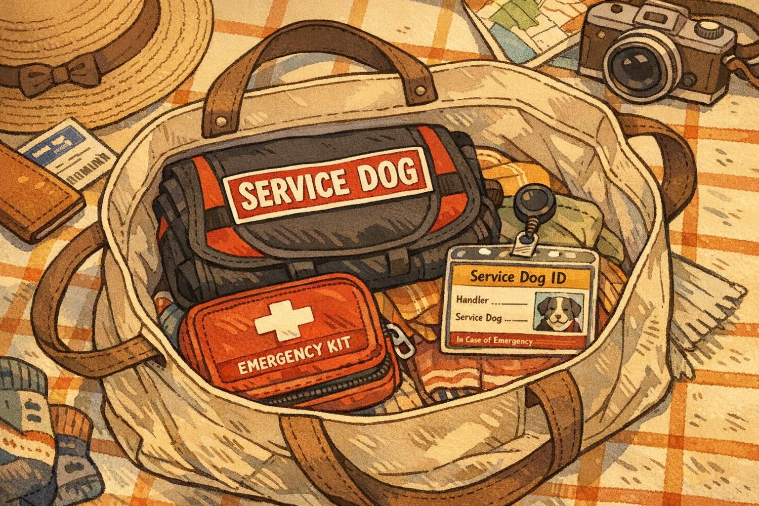 Open travel tote by the door containing a folded service vest, a clip-on ID holder, and a compact emergency pouch for outings.