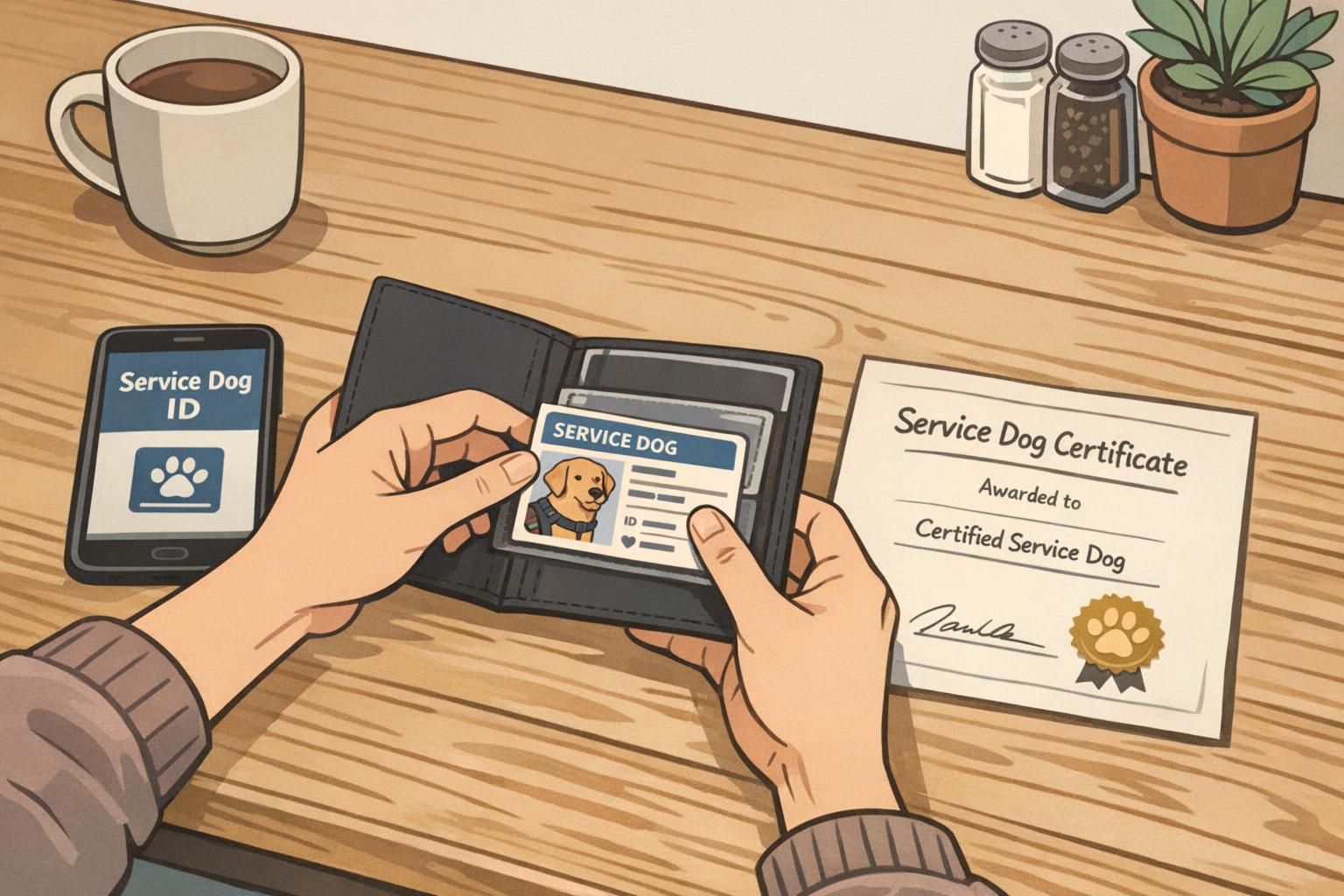 A handler sorts service dog identification cards and a small folder at a kitchen table, preparing documentation to reduce stress during outings.